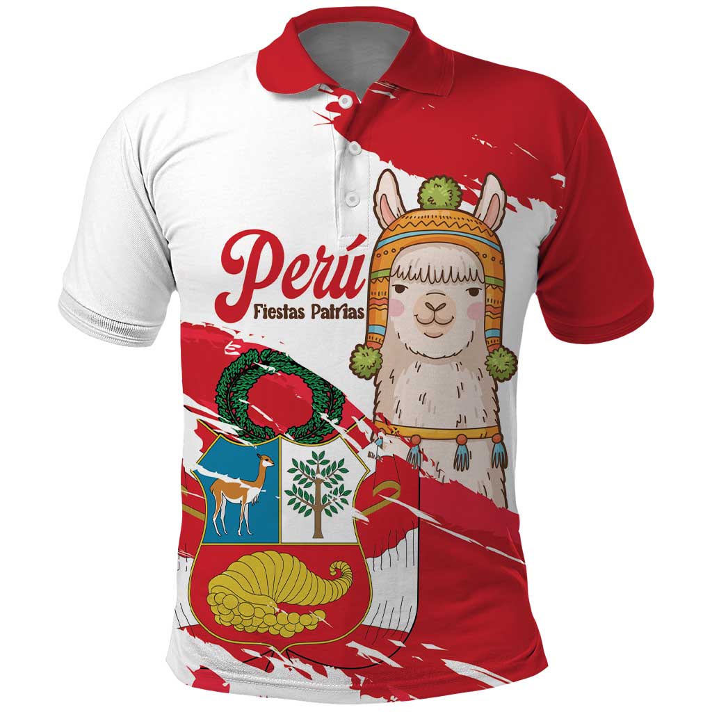 Fiestas Patrias de Peru Polo Shirt Coat Of Arms With Cute Alpaca Face LT14