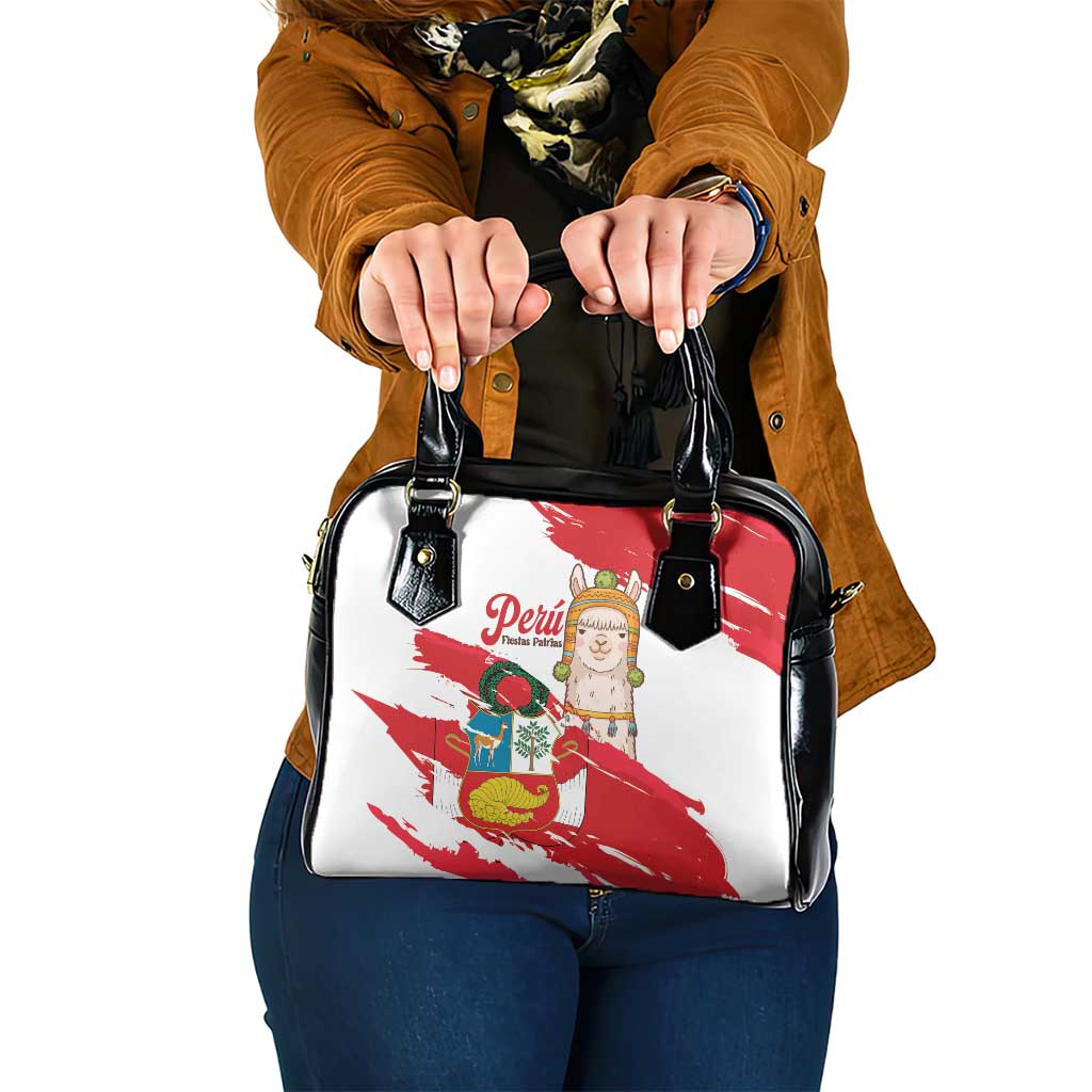 Fiestas Patrias de Peru Shoulder Handbag Coat Of Arms With Cute Alpaca Face LT14