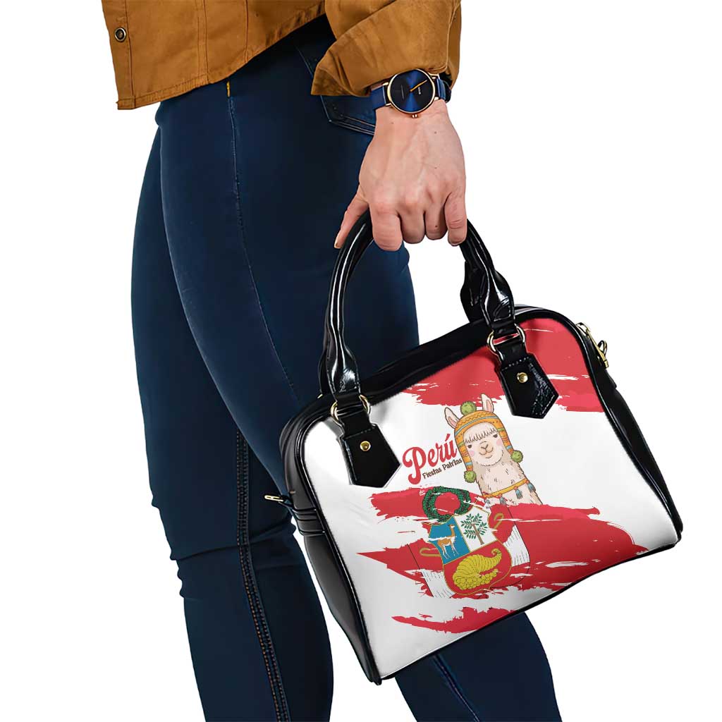 Fiestas Patrias de Peru Shoulder Handbag Coat Of Arms With Cute Alpaca Face LT14