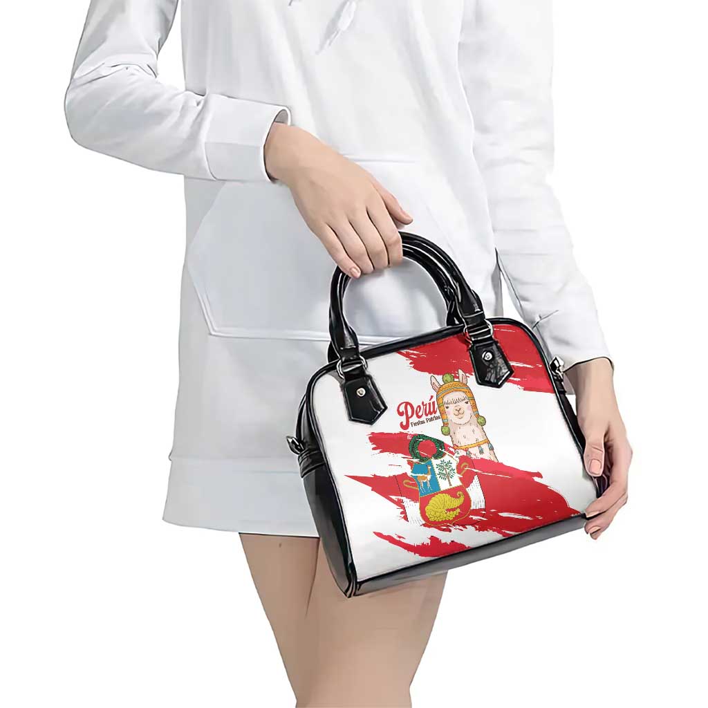 Fiestas Patrias de Peru Shoulder Handbag Coat Of Arms With Cute Alpaca Face LT14