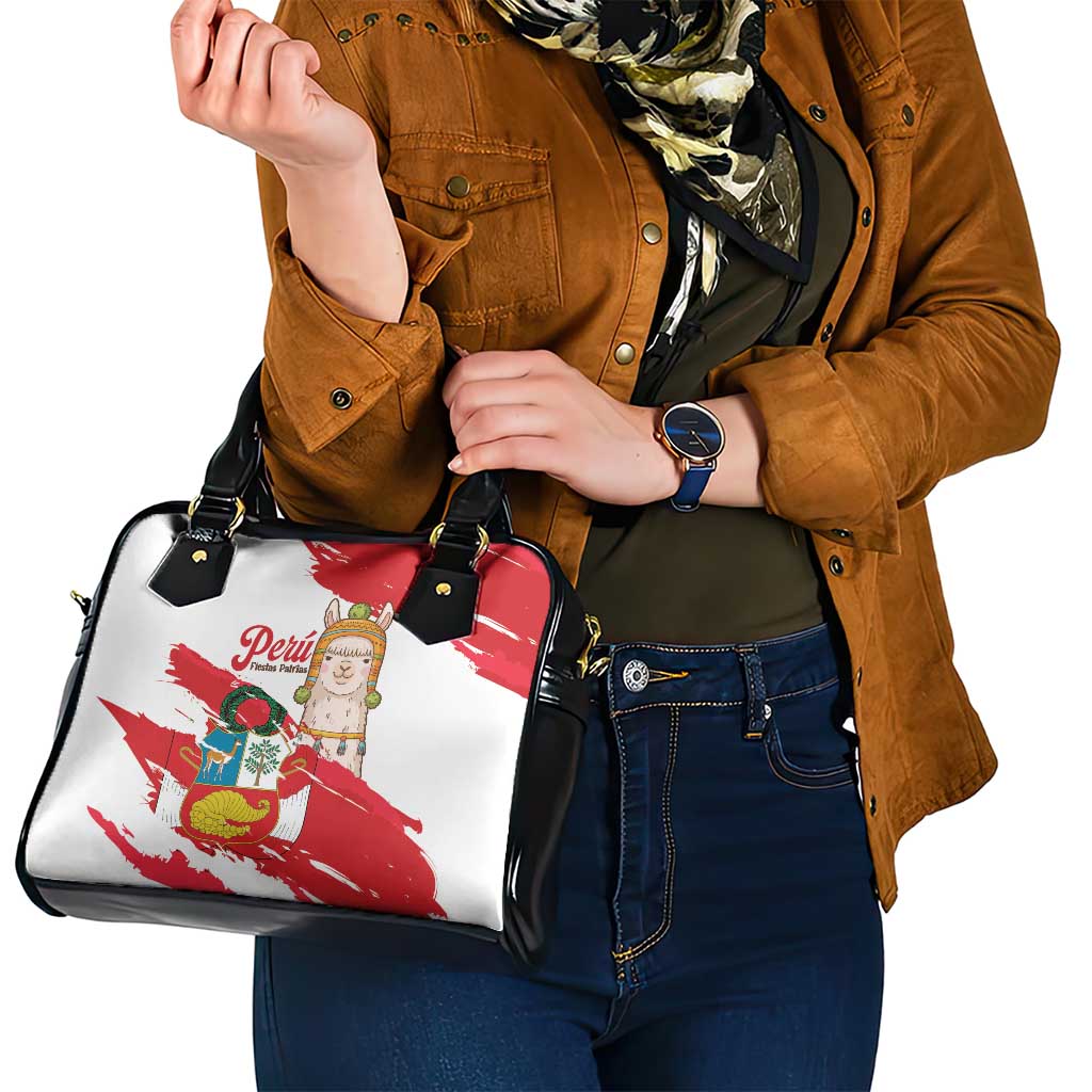 Fiestas Patrias de Peru Shoulder Handbag Coat Of Arms With Cute Alpaca Face LT14