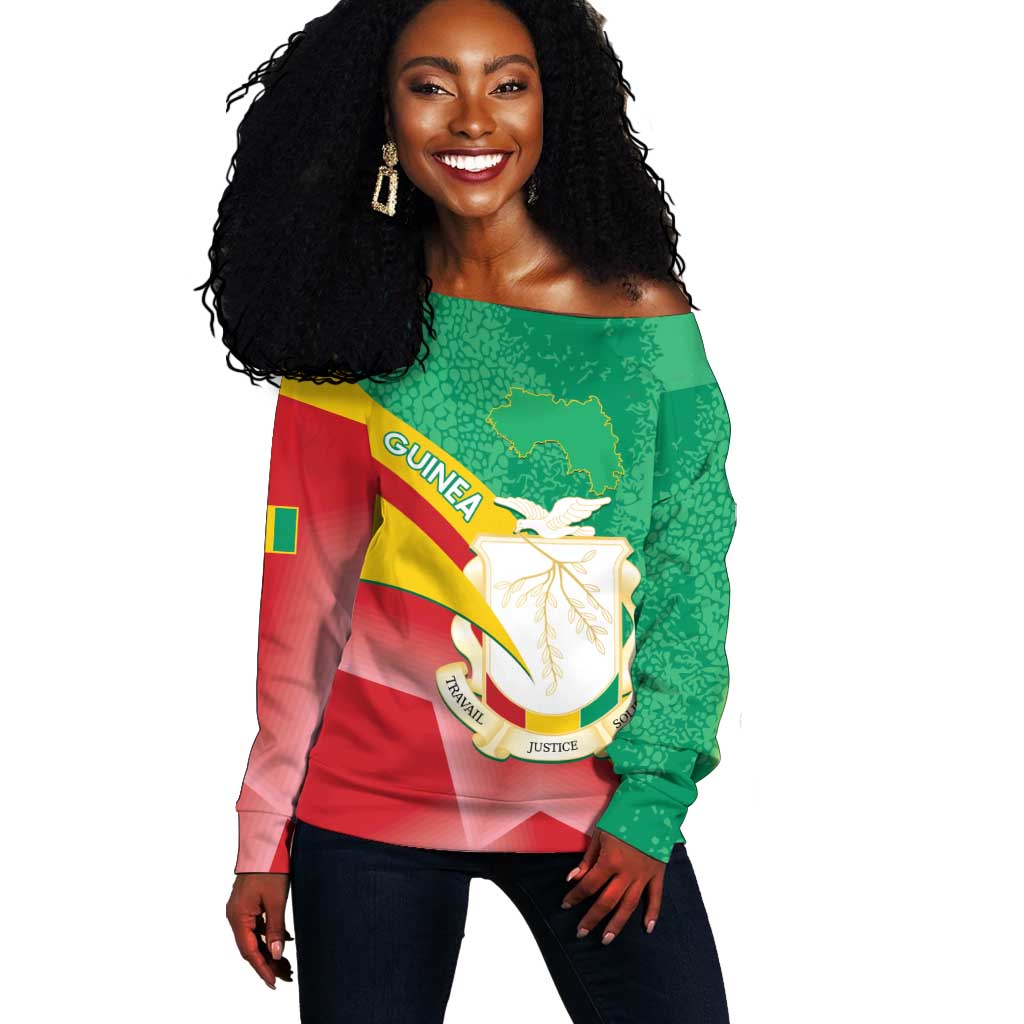 Personalised Guinea Independence Day Off Shoulder Sweater Happy 2 October Guinee Coat Of Arms LT14