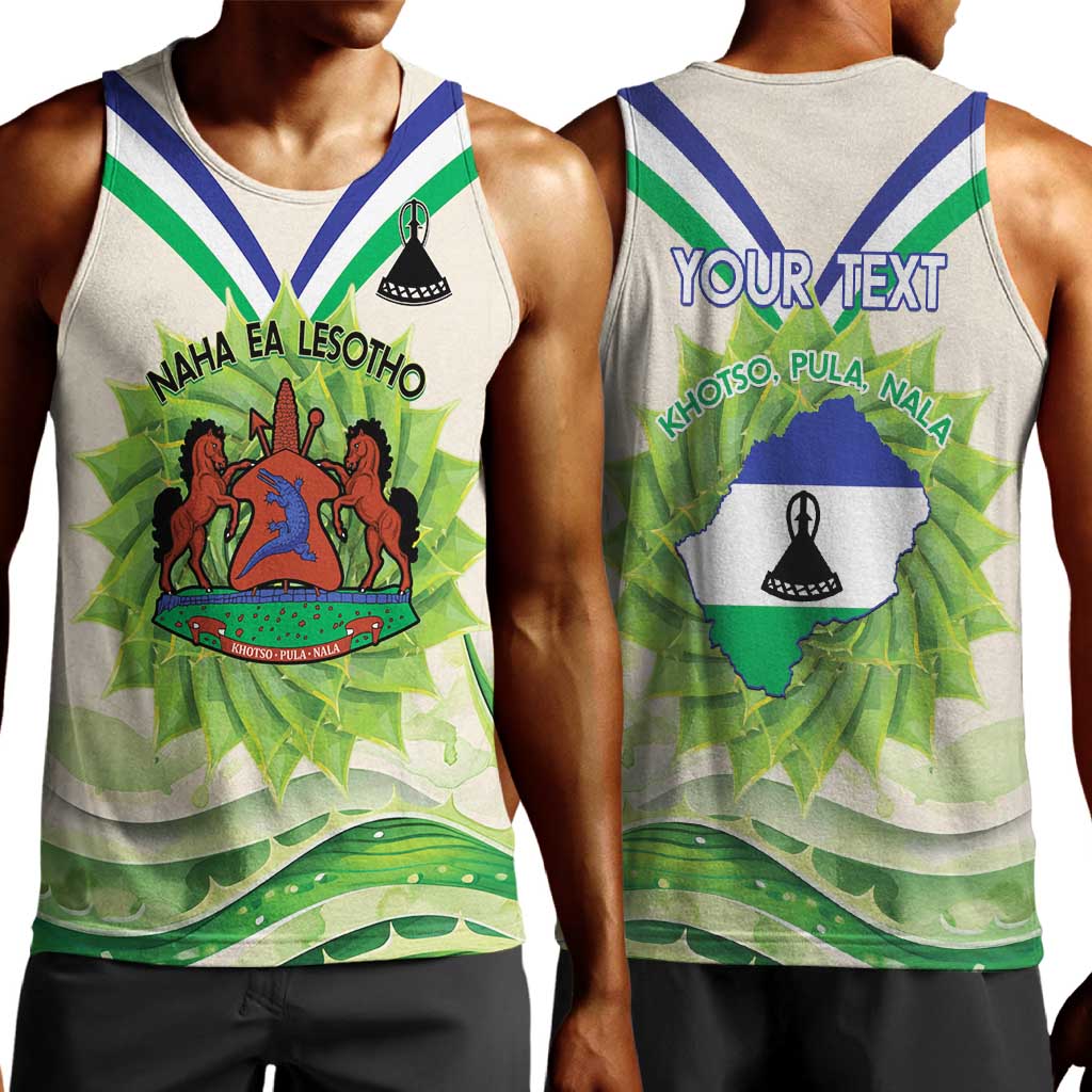 Personalised Lesotho Independence Day Men Tank Top Aloe Polyphylla Mix Coat Of Arms LT14
