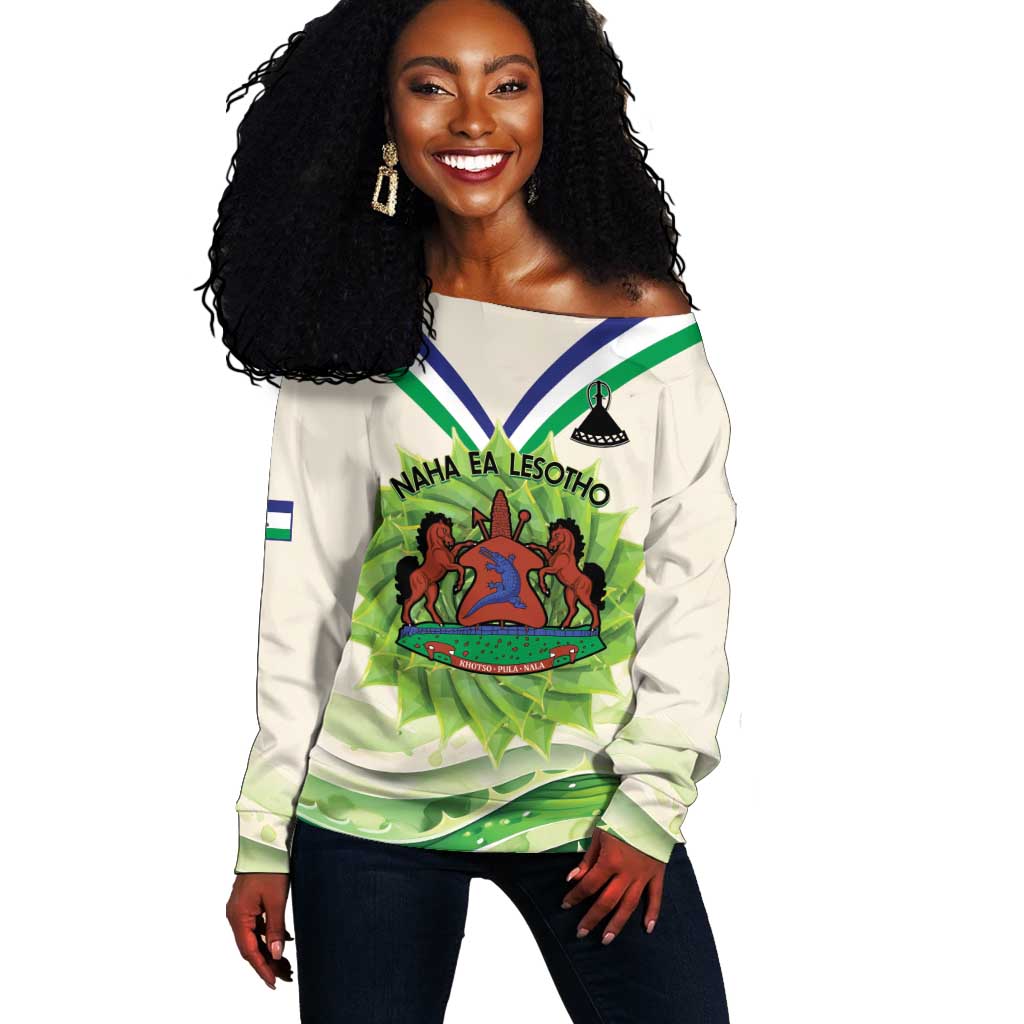 Personalised Lesotho Independence Day Off Shoulder Sweater Aloe Polyphylla Mix Coat Of Arms LT14