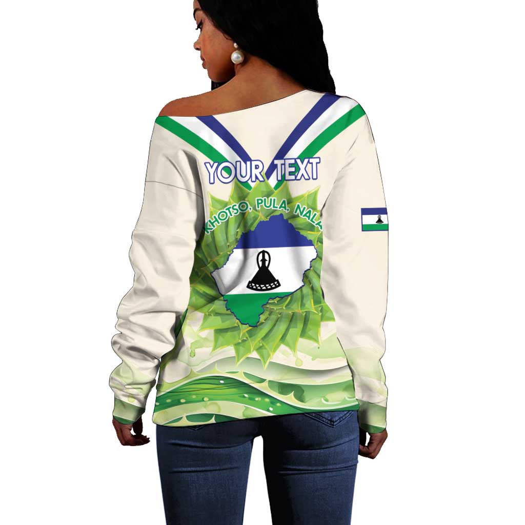 Personalised Lesotho Independence Day Off Shoulder Sweater Aloe Polyphylla Mix Coat Of Arms LT14