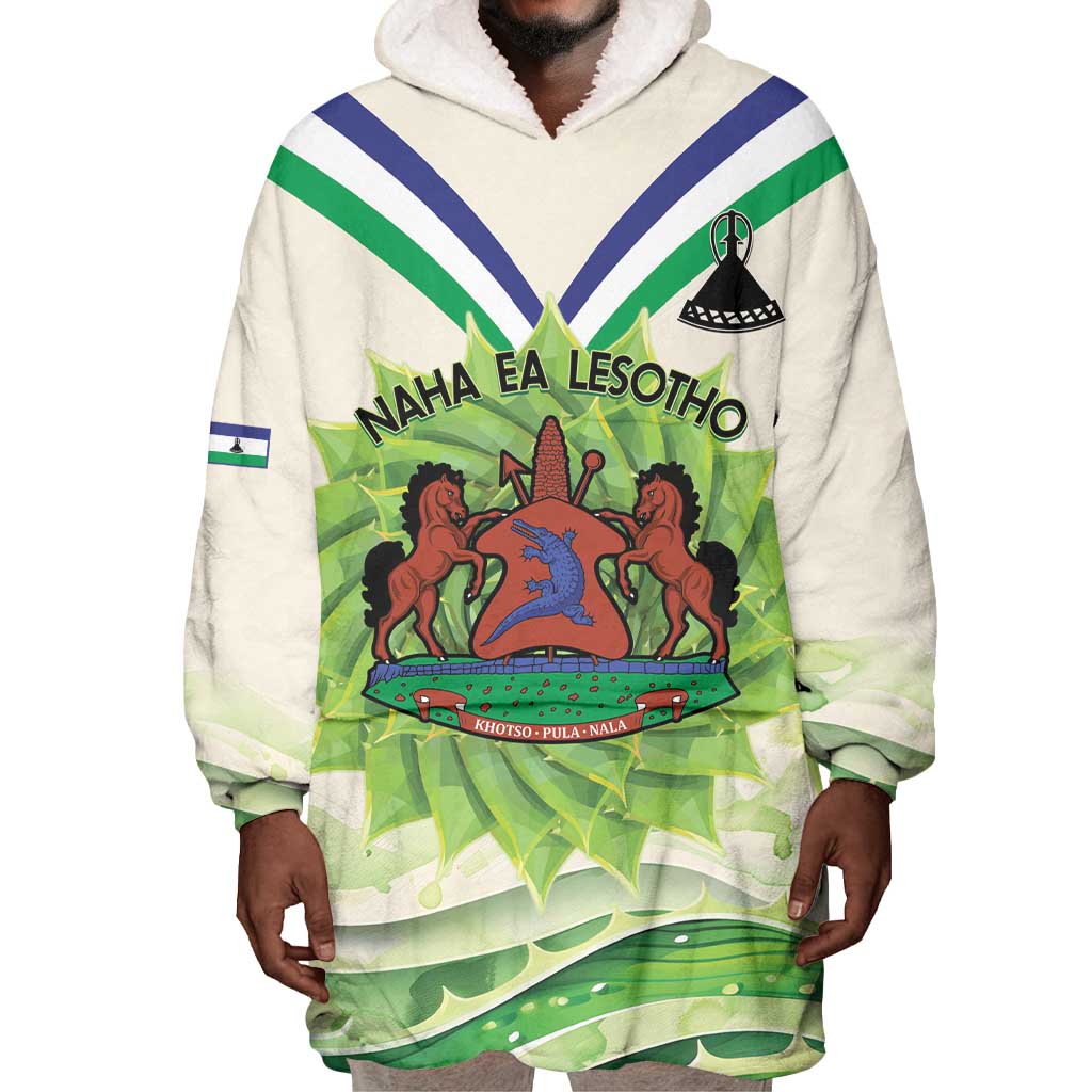 Personalised Lesotho Independence Day Wearable Blanket Hoodie Aloe Polyphylla Mix Coat Of Arms LT14