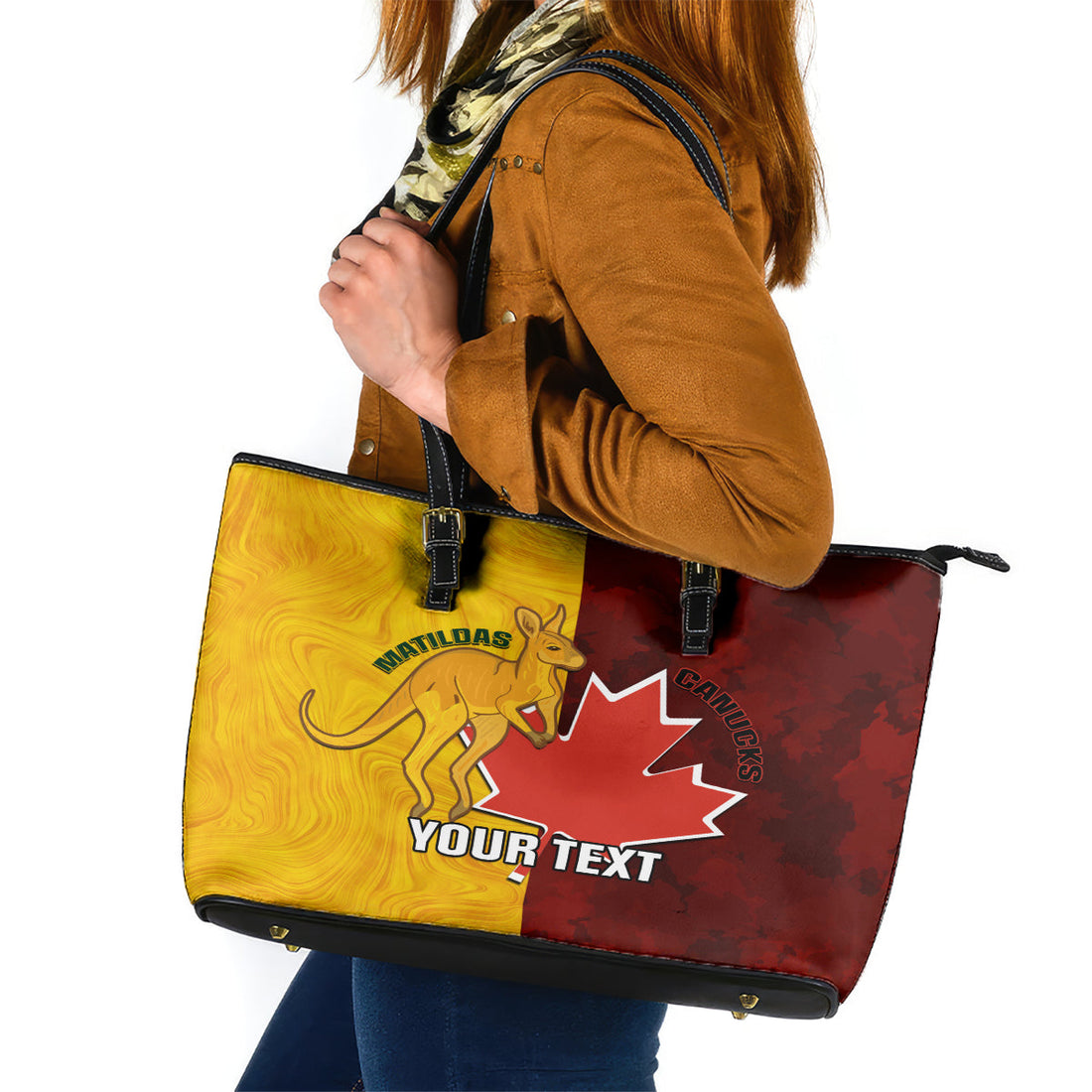 Custom Australia And Canada Soccer Leather Tote Bag Matildas Combine Canucks Together LT14