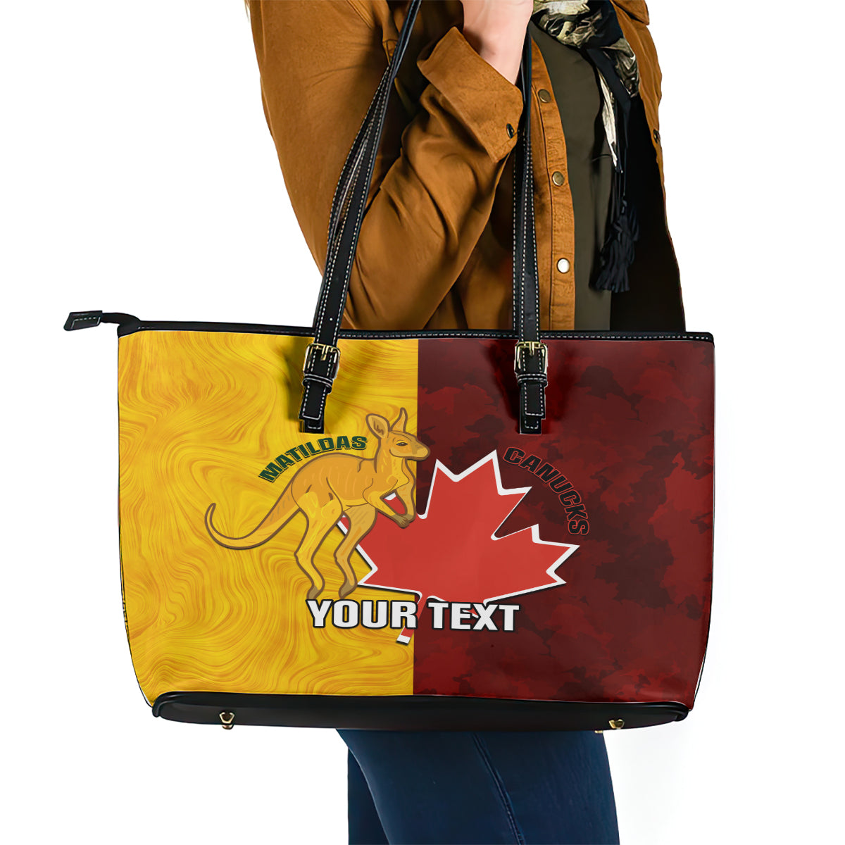 Custom Australia And Canada Soccer Leather Tote Bag Matildas Combine Canucks Together LT14