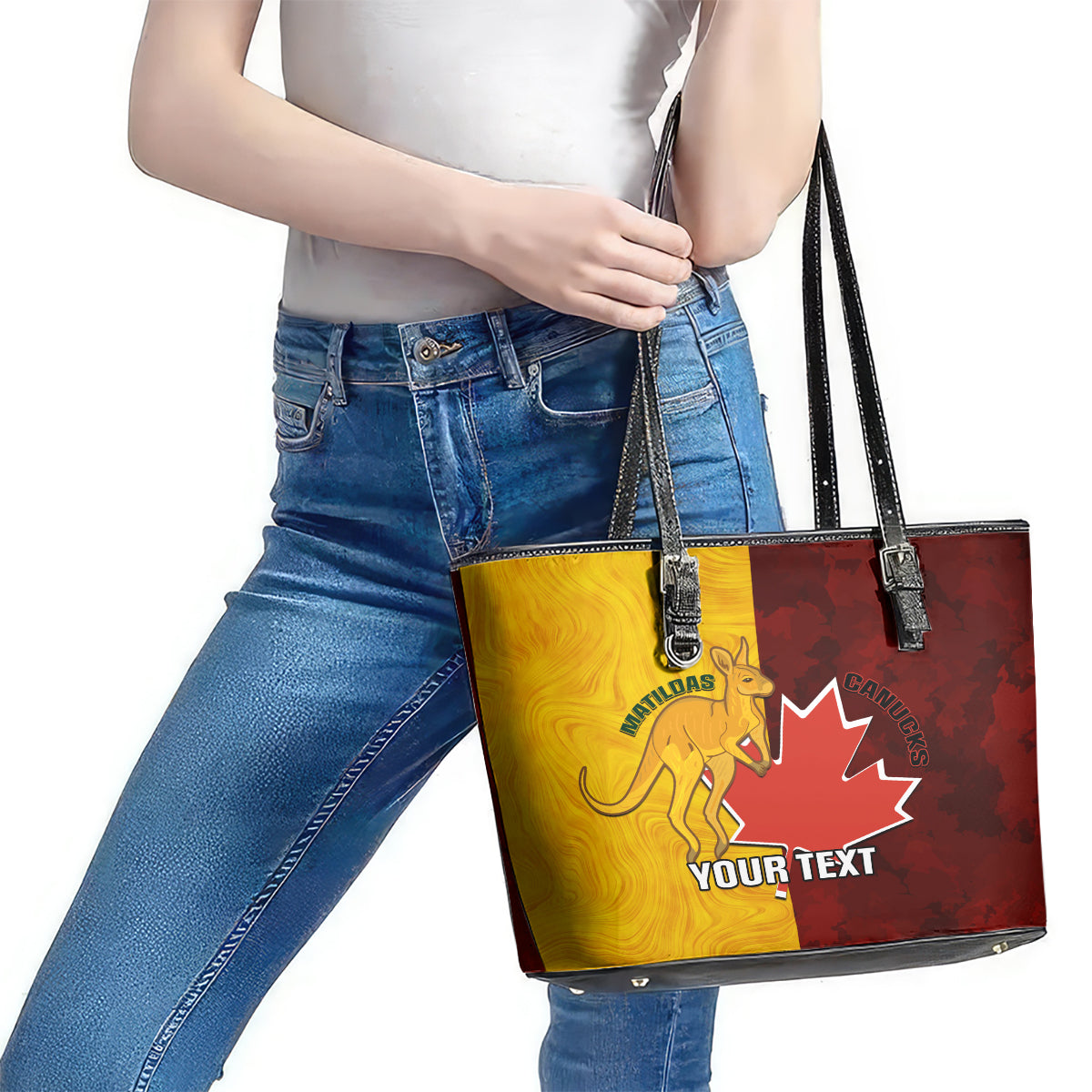 Custom Australia And Canada Soccer Leather Tote Bag Matildas Combine Canucks Together LT14