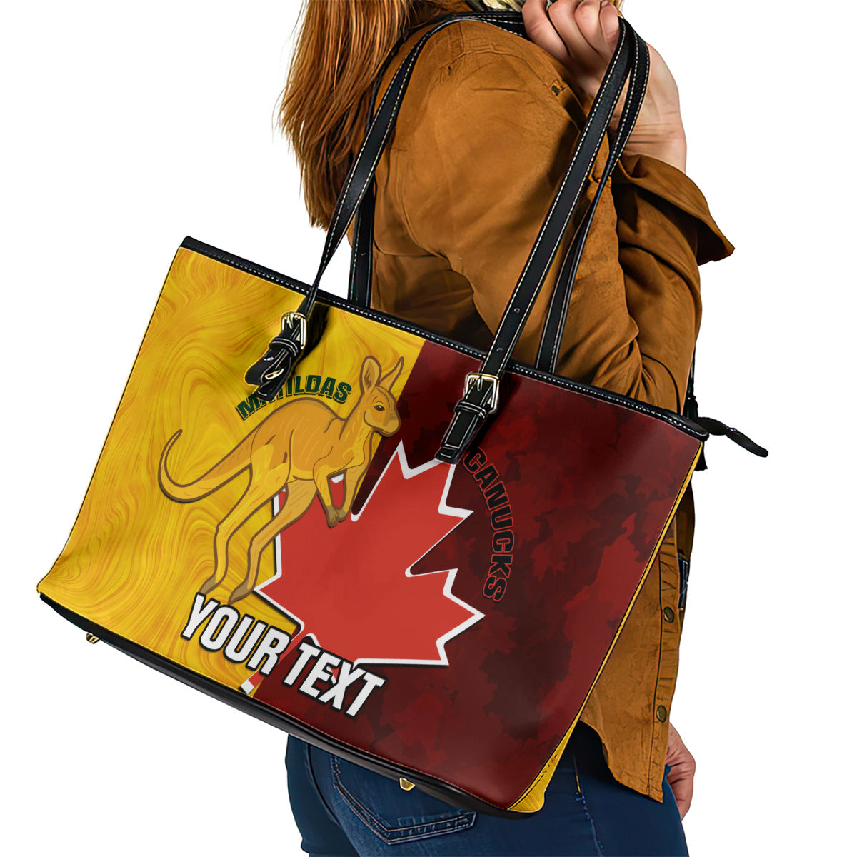 Custom Australia And Canada Soccer Leather Tote Bag Matildas Combine Canucks Together LT14