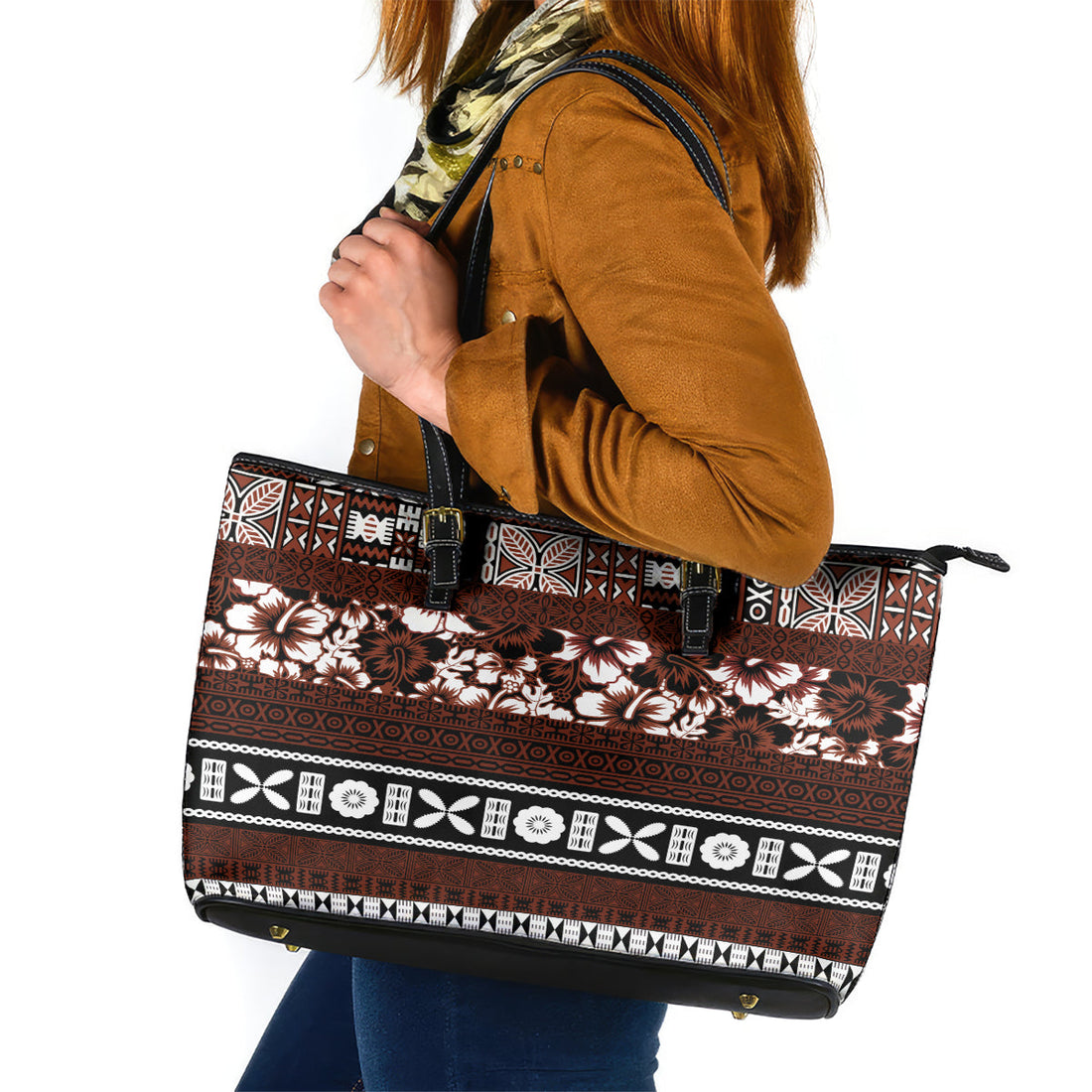 Bula Fiji Leather Tote Bag Fijian Tapa Masi With Hibiscus Flowers LT14