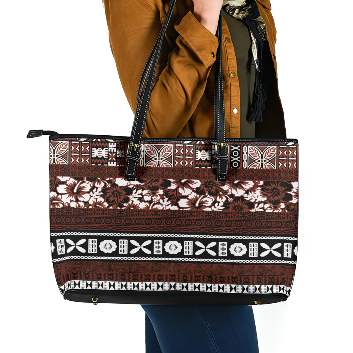 Bula Fiji Leather Tote Bag Fijian Tapa Masi With Hibiscus Flowers LT14