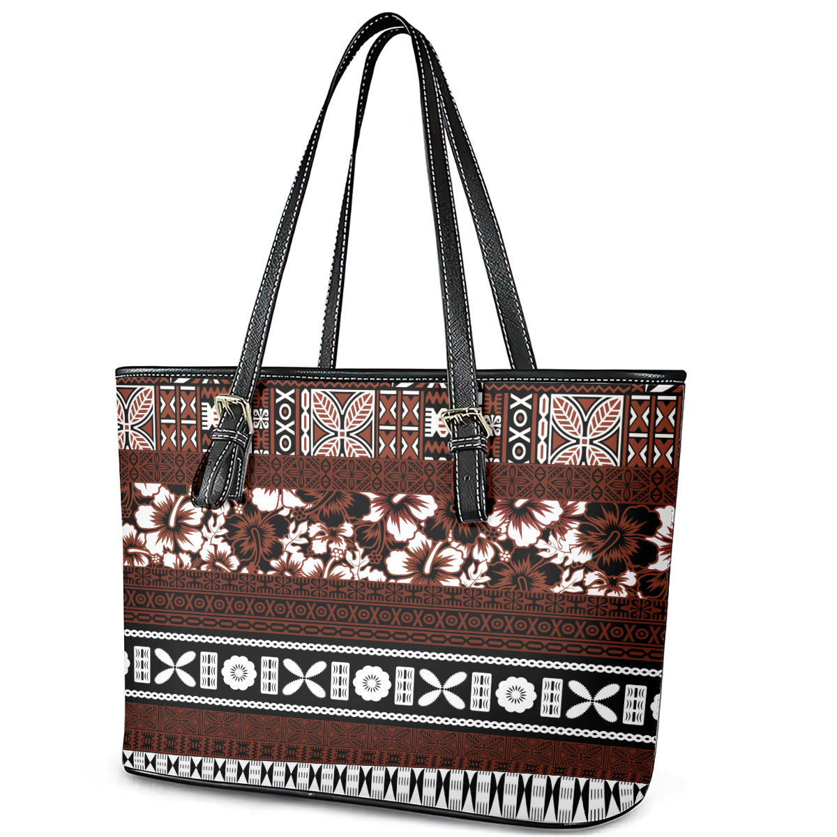 Bula Fiji Leather Tote Bag Fijian Tapa Masi With Hibiscus Flowers LT14
