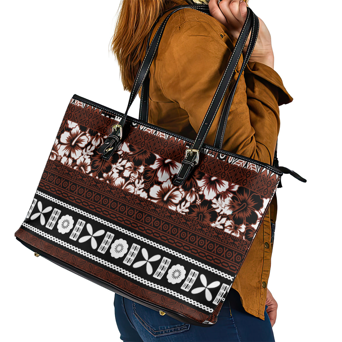 Bula Fiji Leather Tote Bag Fijian Tapa Masi With Hibiscus Flowers LT14