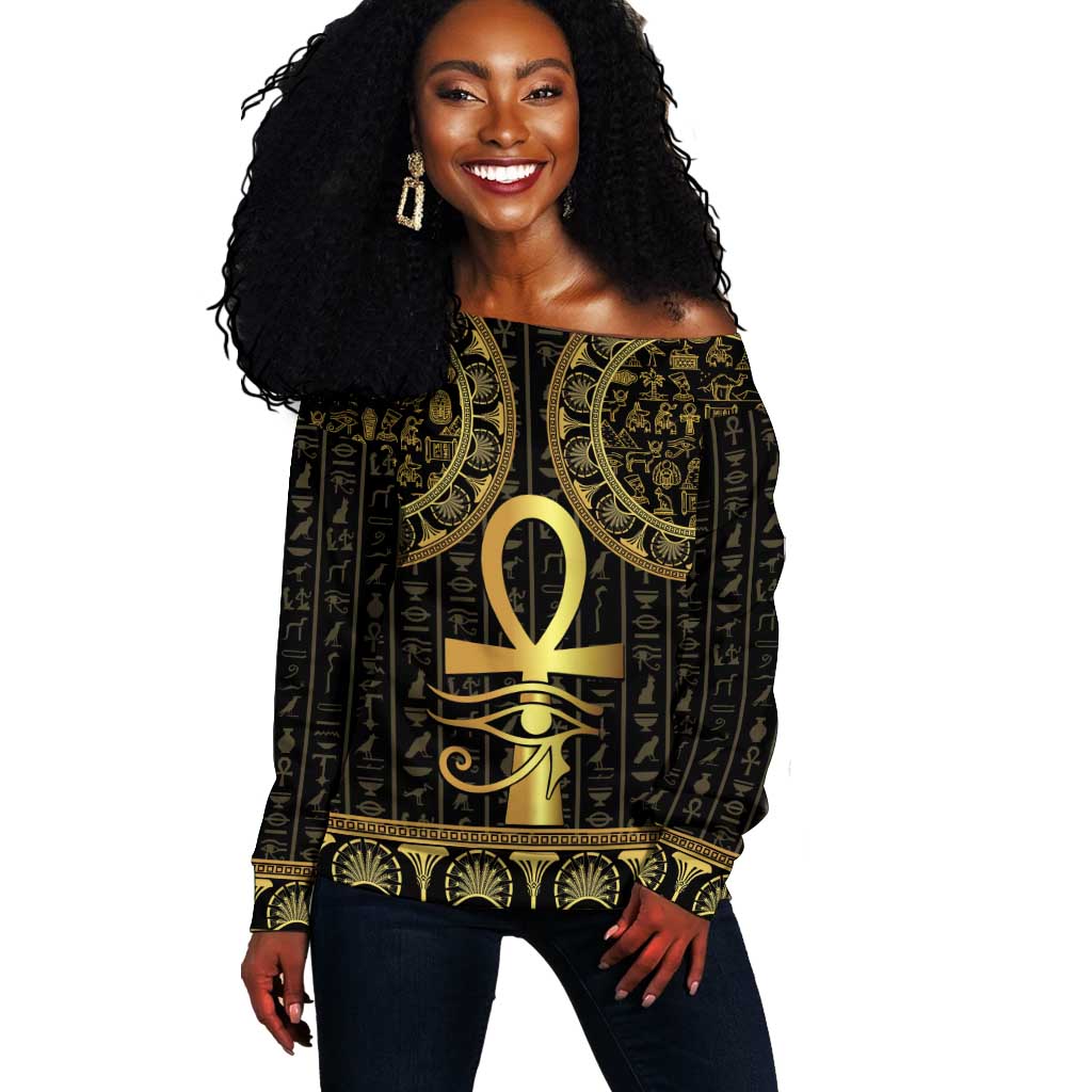 Afro Ancient Egypt Ankh and Eye Of Horus Off Shoulder Sweater Egyptian Hieroglyphs LT14