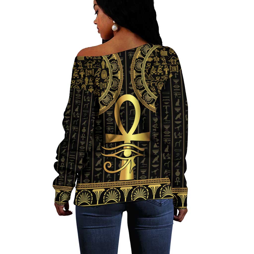 Afro Ancient Egypt Ankh and Eye Of Horus Off Shoulder Sweater Egyptian Hieroglyphs LT14