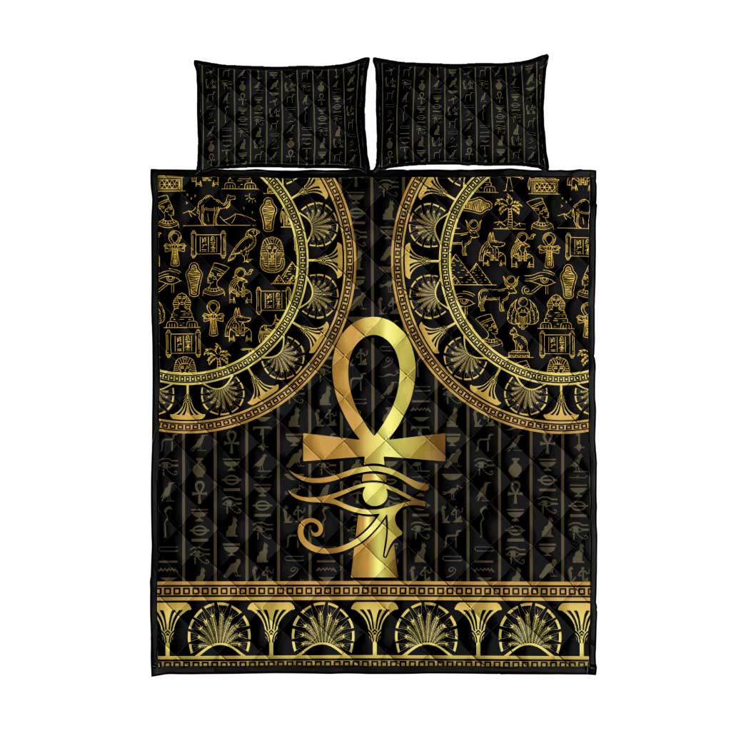 Afro Ancient Egypt Ankh and Eye Of Horus Quilt Bed Set Egyptian Hieroglyphs LT14