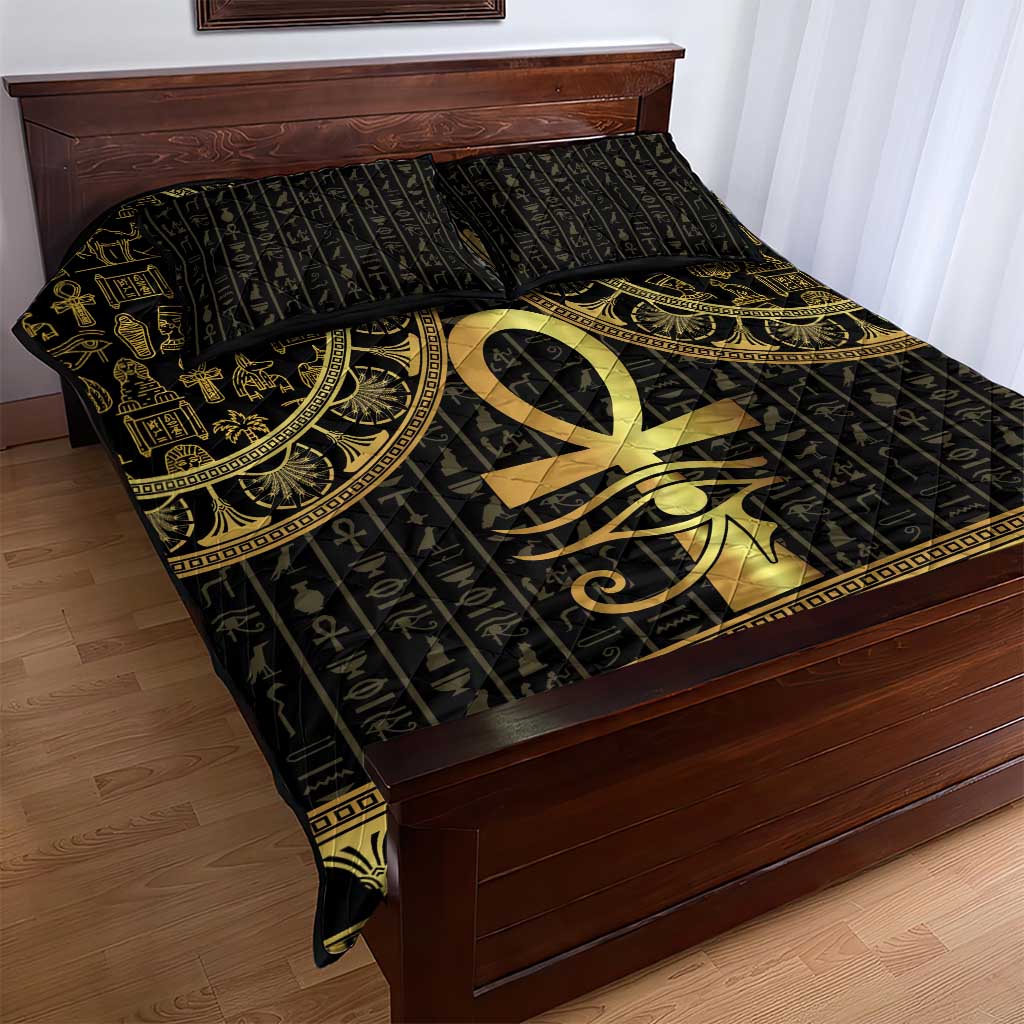 Afro Ancient Egypt Ankh and Eye Of Horus Quilt Bed Set Egyptian Hieroglyphs LT14