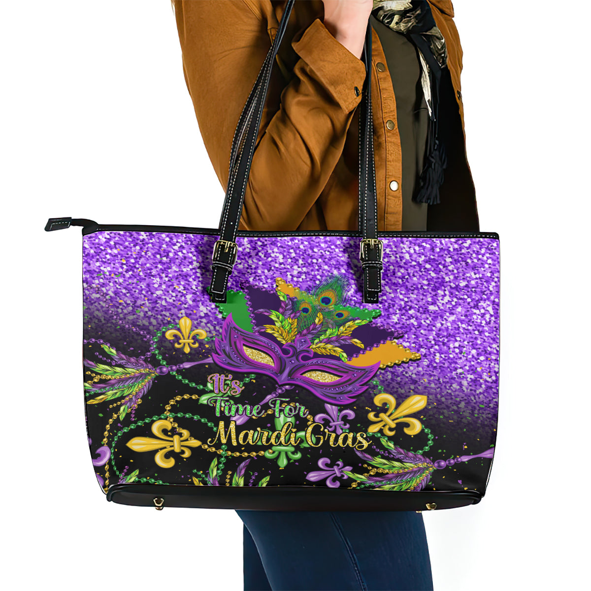 Mardi Gras Leather Tote Bag Carnival Mask Happy Fat Tuesday LT14