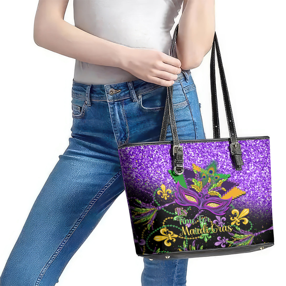 Mardi Gras Leather Tote Bag Carnival Mask Happy Fat Tuesday LT14