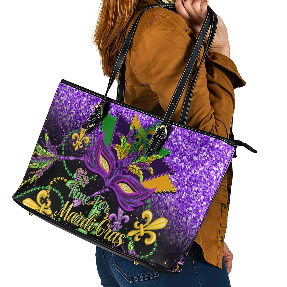 Mardi Gras Leather Tote Bag Carnival Mask Happy Fat Tuesday LT14