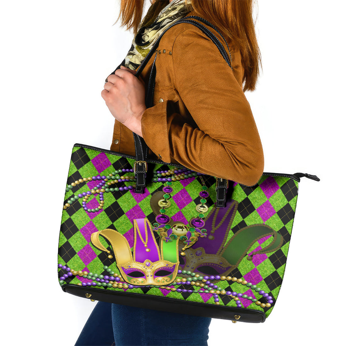 Mardi Gras 2024 Leather Tote Bag Jester Mask With Beads Colorful Version LT14