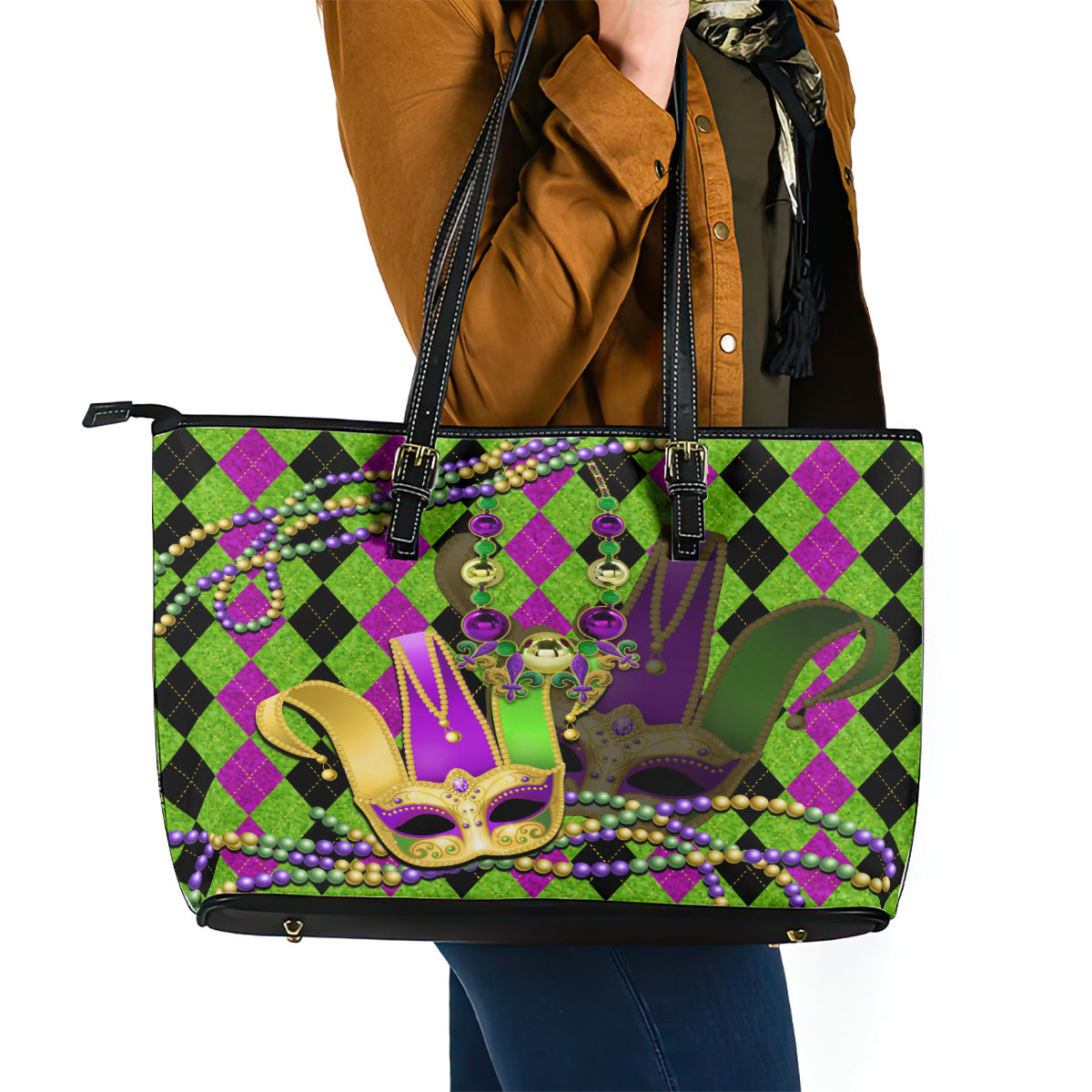 Mardi Gras 2024 Leather Tote Bag Jester Mask With Beads Colorful Version LT14