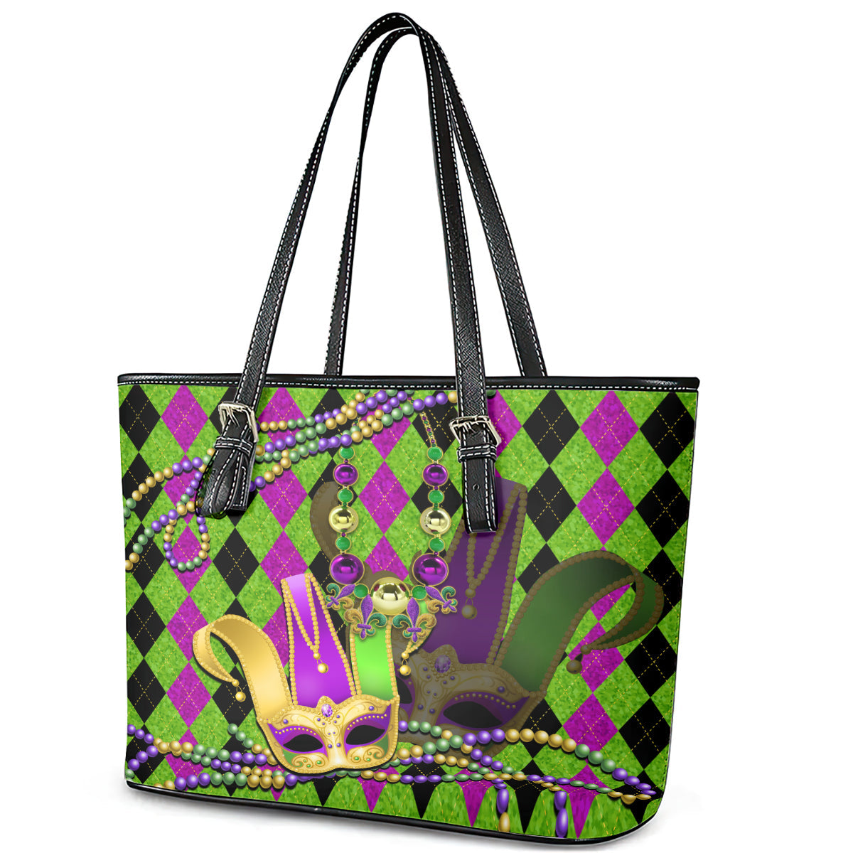 Mardi Gras 2024 Leather Tote Bag Jester Mask With Beads Colorful Version LT14
