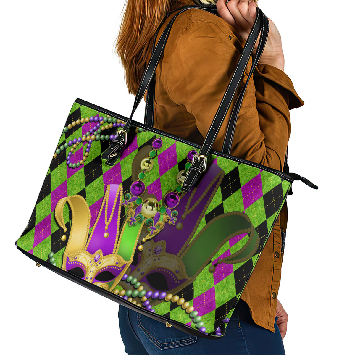 Mardi Gras 2024 Leather Tote Bag Jester Mask With Beads Colorful Version LT14