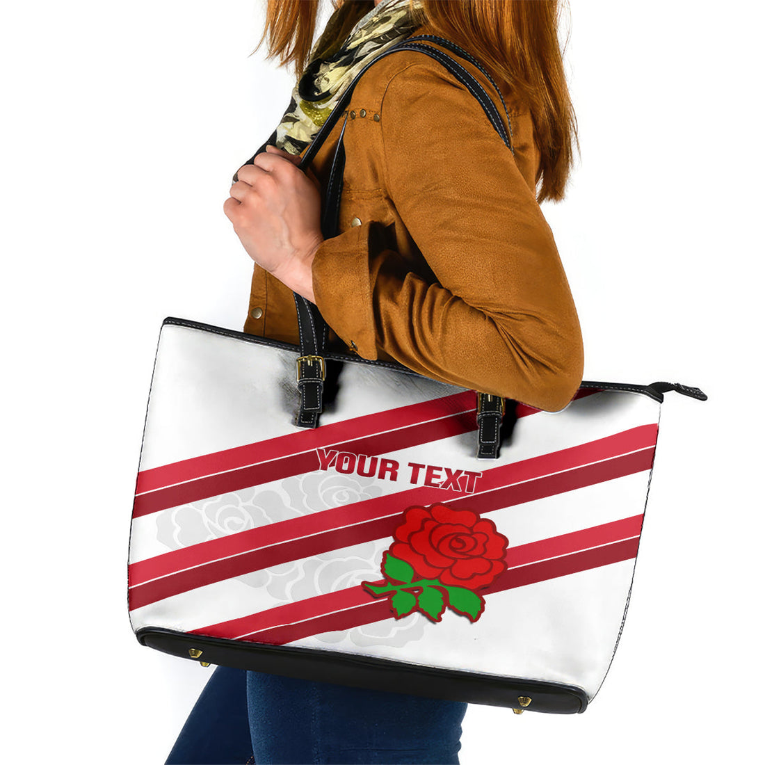 Custom England Rugby Leather Tote Bag 2024 Go Champions Red Rose Sporty Version LT14