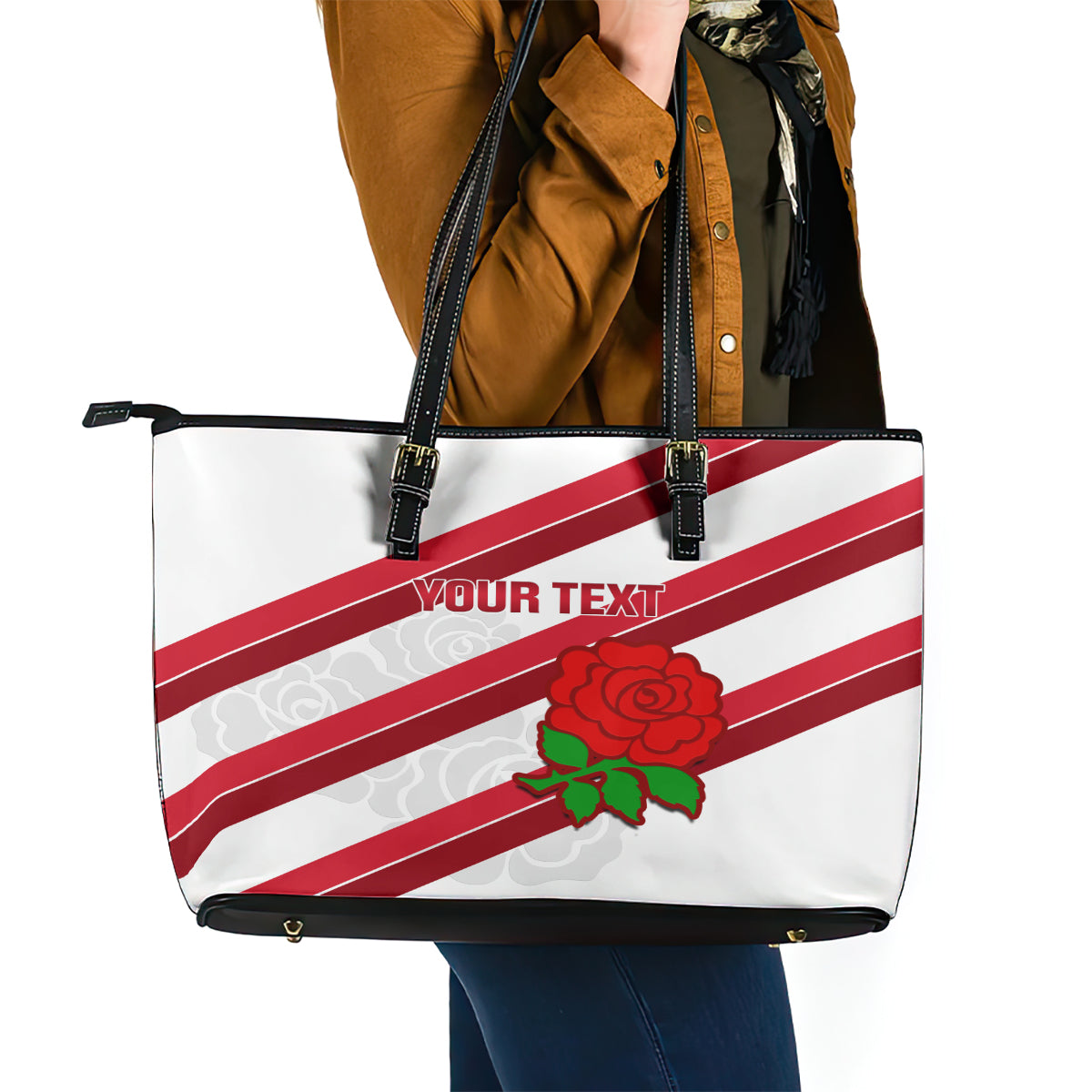 Custom England Rugby Leather Tote Bag 2024 Go Champions Red Rose Sporty Version LT14