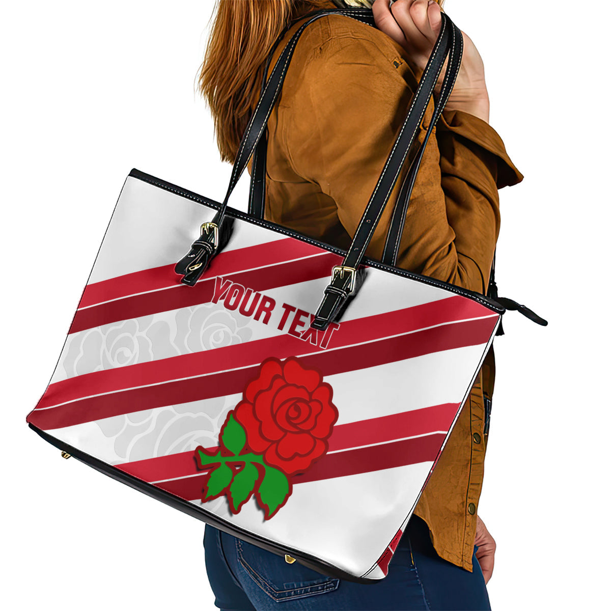 Custom England Rugby Leather Tote Bag 2024 Go Champions Red Rose Sporty Version LT14