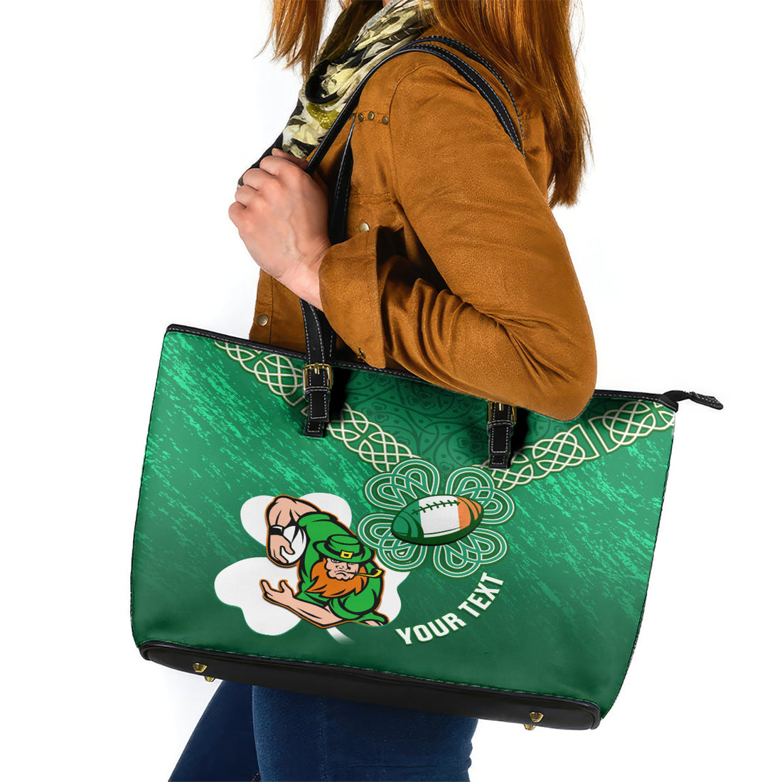 Custom Ireland Rugby Leather Tote Bag 2024 Irish Shamrocks With Celtic Pattern LT14