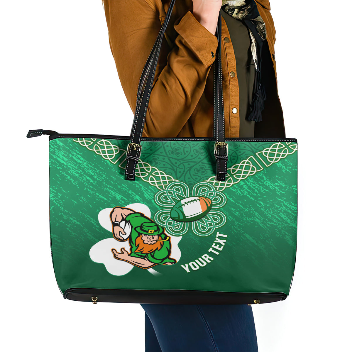 Custom Ireland Rugby Leather Tote Bag 2024 Irish Shamrocks With Celtic Pattern LT14