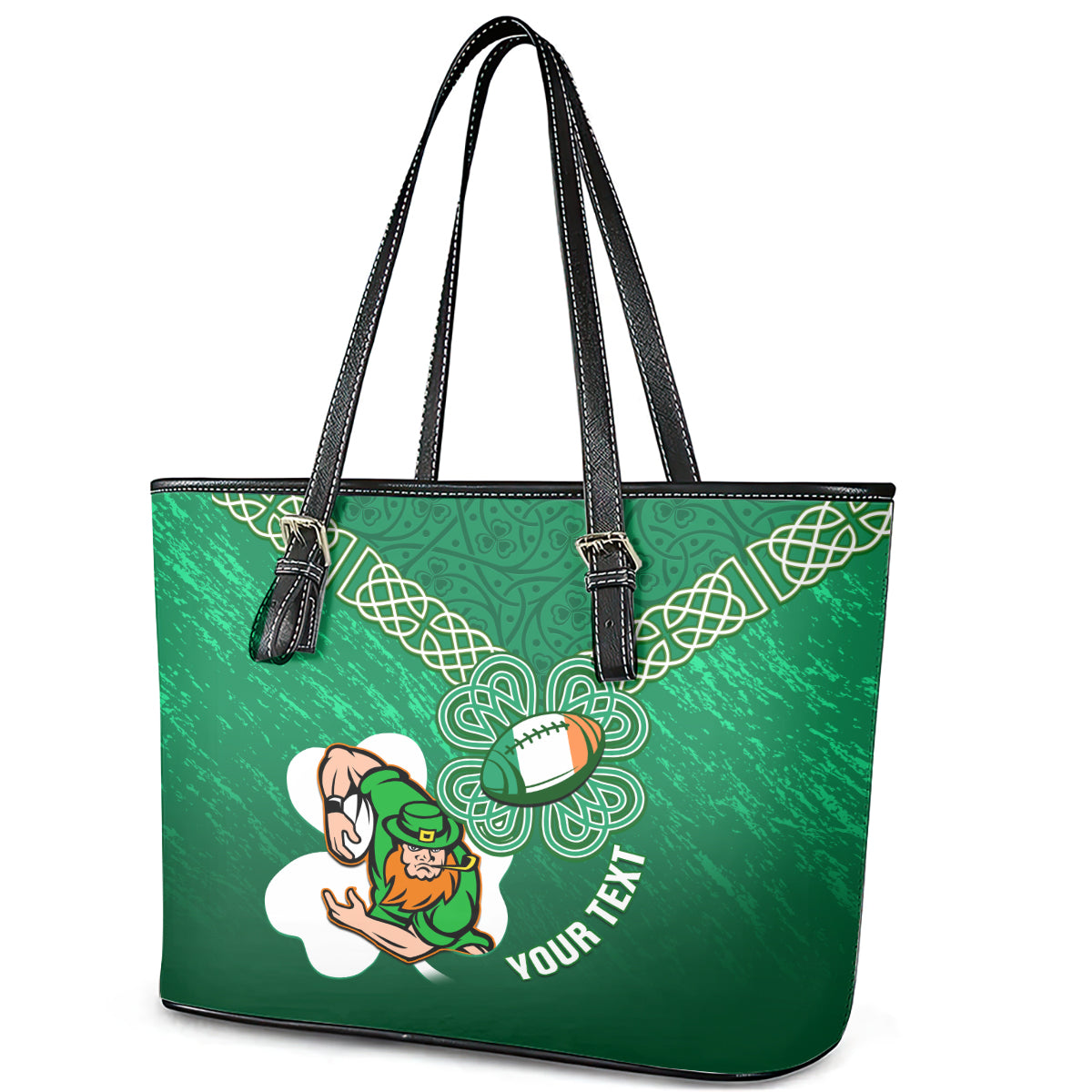 Custom Ireland Rugby Leather Tote Bag 2024 Irish Shamrocks With Celtic Pattern LT14