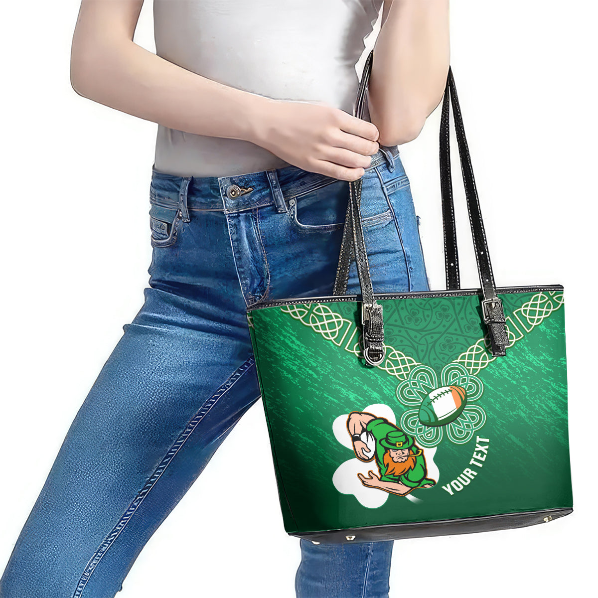 Custom Ireland Rugby Leather Tote Bag 2024 Irish Shamrocks With Celtic Pattern LT14