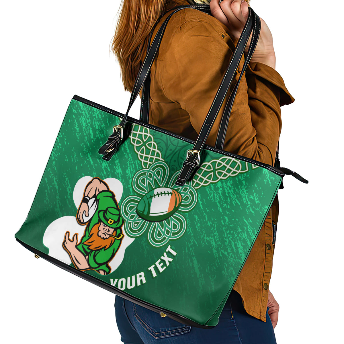 Custom Ireland Rugby Leather Tote Bag 2024 Irish Shamrocks With Celtic Pattern LT14