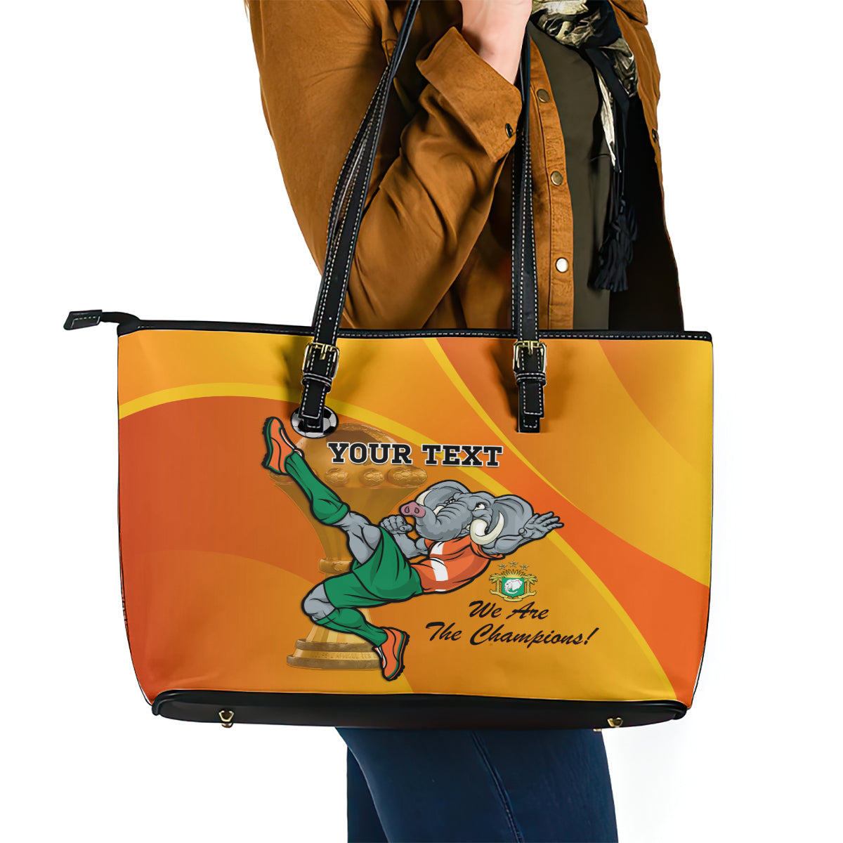 Custom Ivory Coast Football Leather Tote Bag 2024 Mascot With Champions Trophy LT14