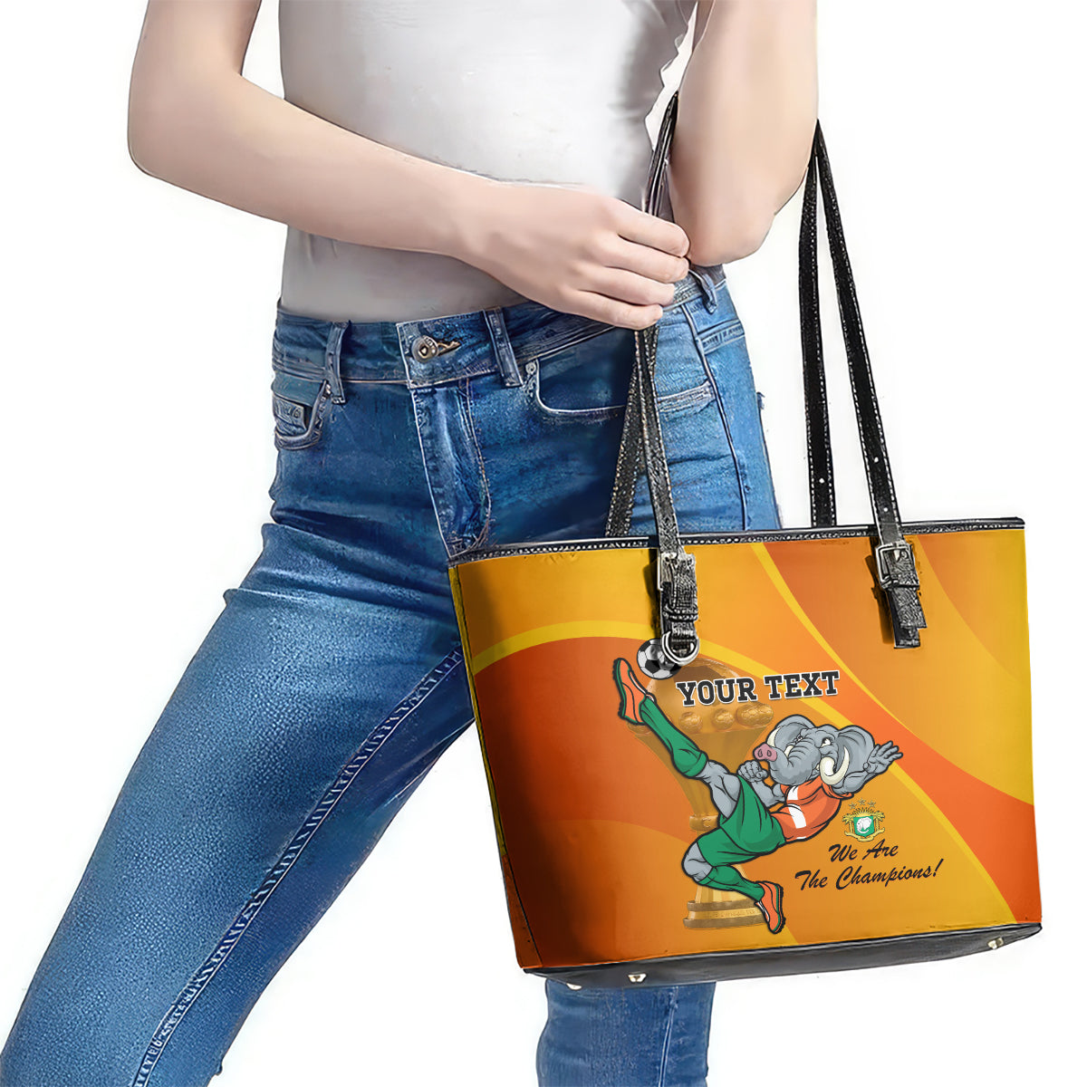Custom Ivory Coast Football Leather Tote Bag 2024 Mascot With Champions Trophy LT14