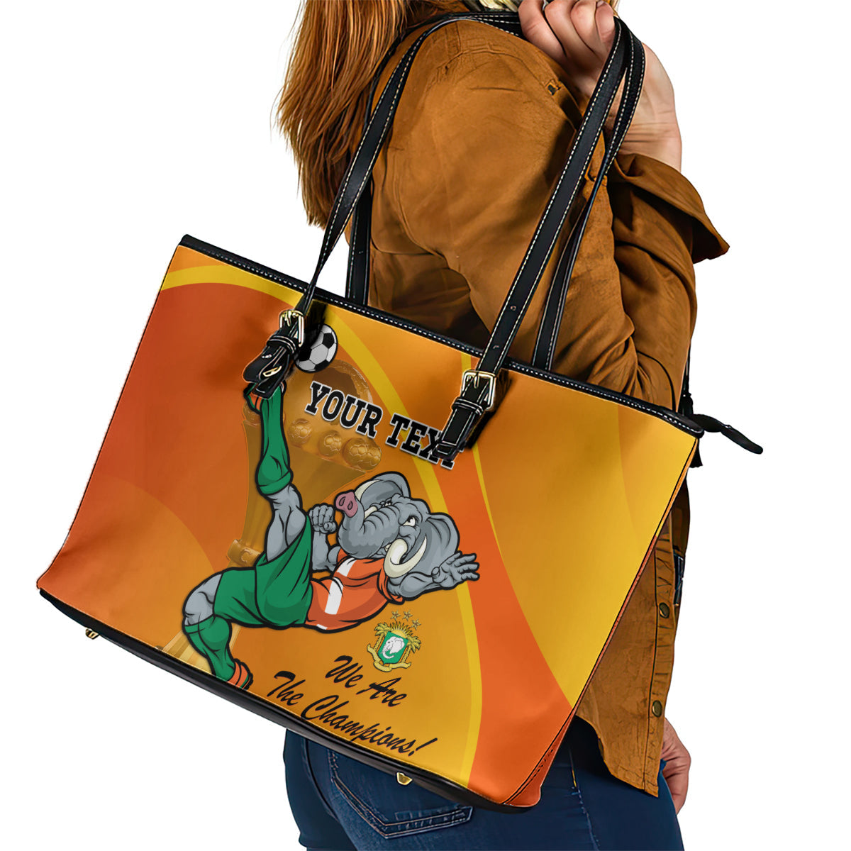 Custom Ivory Coast Football Leather Tote Bag 2024 Mascot With Champions Trophy LT14