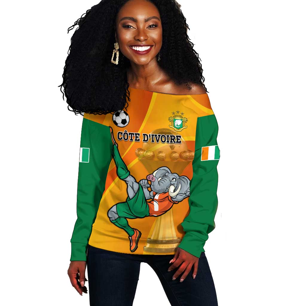 Custom Ivory Coast Football Off Shoulder Sweater 2024 Mascot With Champions Trophy LT14