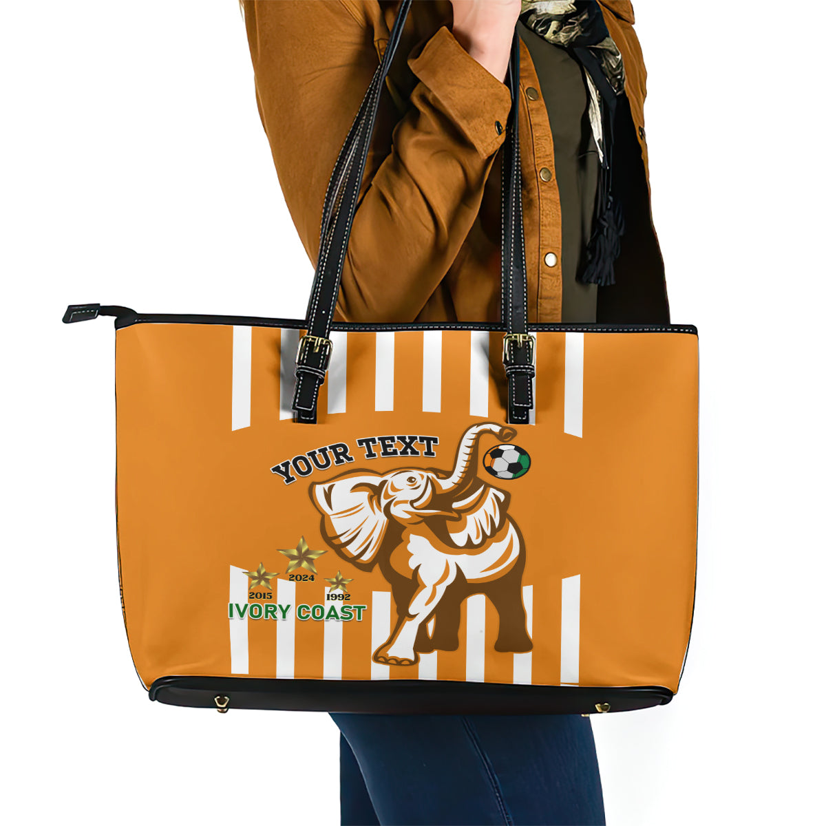 Custom Ivory Coast Football Leather Tote Bag Les Elephants 3rd Champions Proud LT14