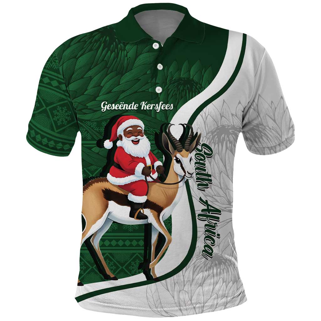 South Africa Christmas In July Polo Shirt Geseende Kersfees Springbok Black Santa LT14