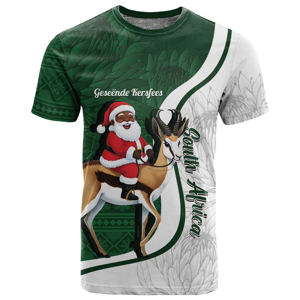 South Africa Christmas In July T shirt Geseende Kersfees Springbok Black Santa LT14