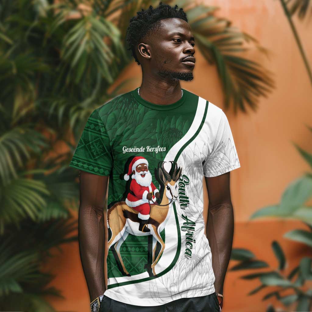 South Africa Christmas In July T shirt Geseende Kersfees Springbok Black Santa LT14