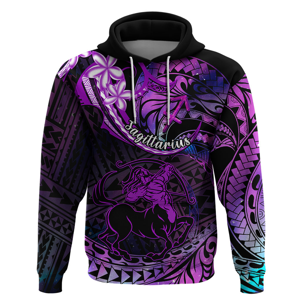 Polynesian Pride Sagittarius Zodiac Hoodie Astrological Sign Tribal Plumeria Purple Galaxy LT14
