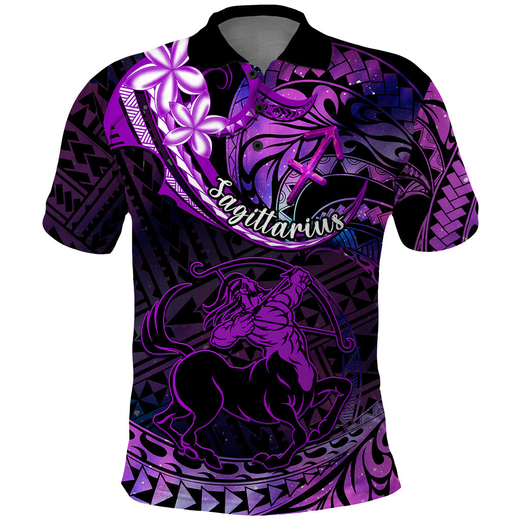 Polynesian Pride Sagittarius Zodiac Polo Shirt Astrological Sign Tribal Plumeria Purple Galaxy LT14