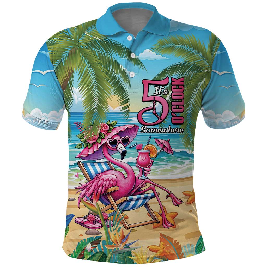 Flamingo Aloha Hawaii Polo Shirt It's 5 OClock Somewhere Tropical Vibes LT14
