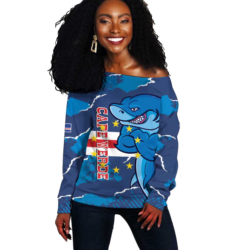 Custom Cape Verde Football Off Shoulder Sweater Blue Sharks Mascot LT14