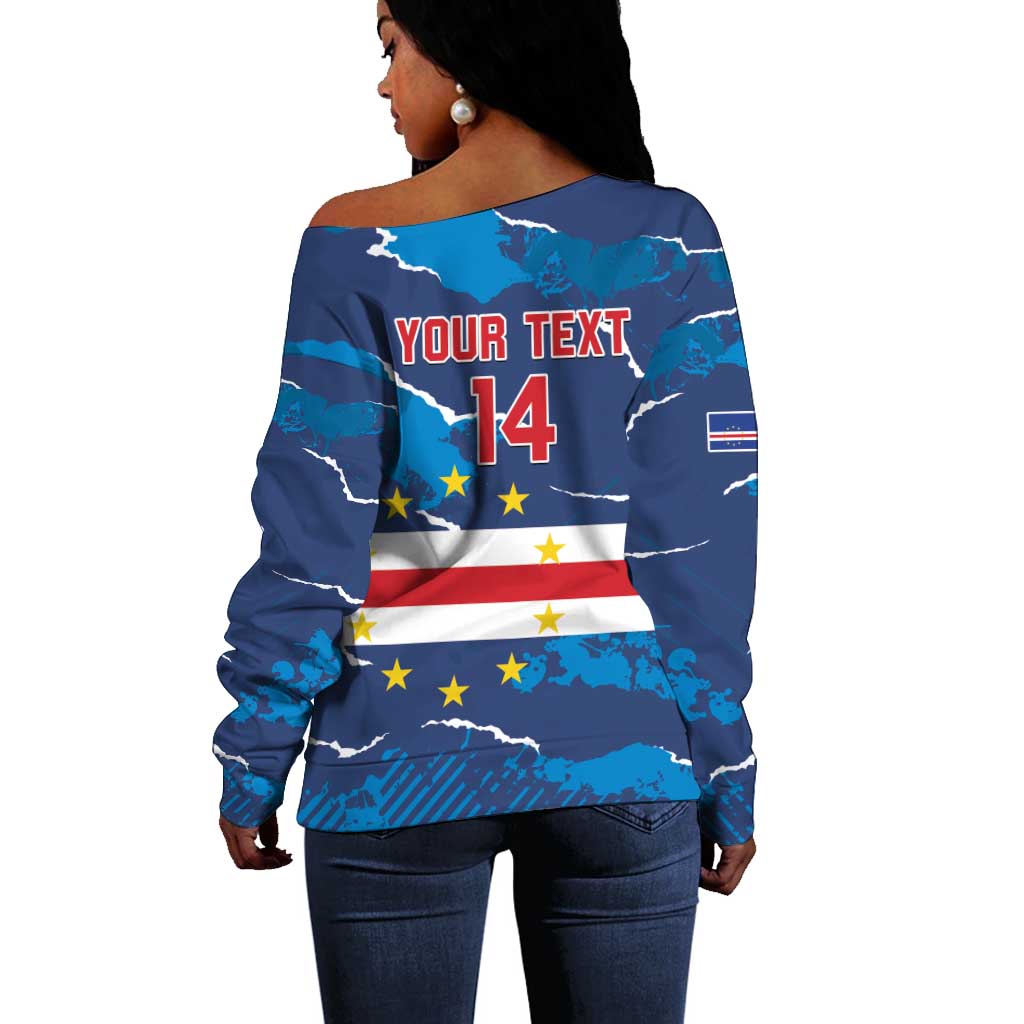 Custom Cape Verde Football Off Shoulder Sweater Blue Sharks Mascot LT14